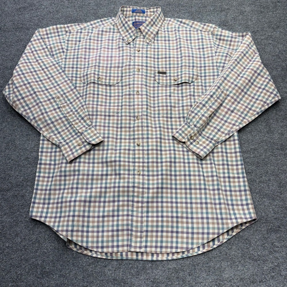 Pendleton Mens Large 100% Cotton Plaid Button Down Shirt Blue Purple Multi Check